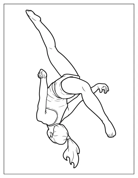 Gymnastka je uprostřed přemetu vzad.