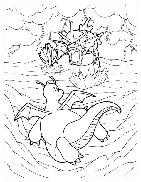 Dragonite combate contra Gyarados en medio del mar.