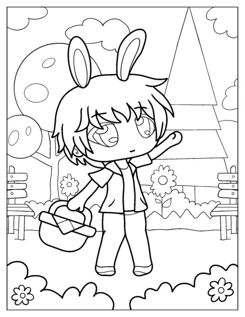Un chico kawaii con orejas de conejo lleva una cesta.