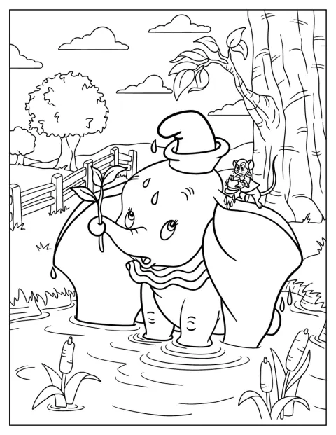 Dumbo und Timothy Mouse planschen zusammen in einem Teich.
