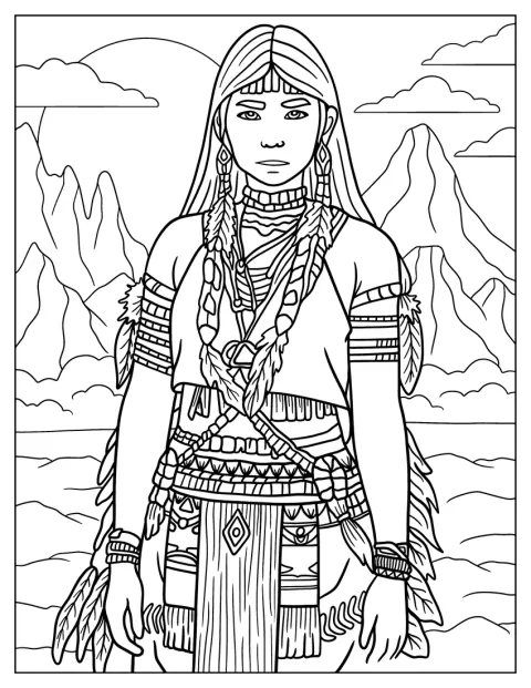 Une femme en vêtements traditionnels se tient devant un paysage montagneux.