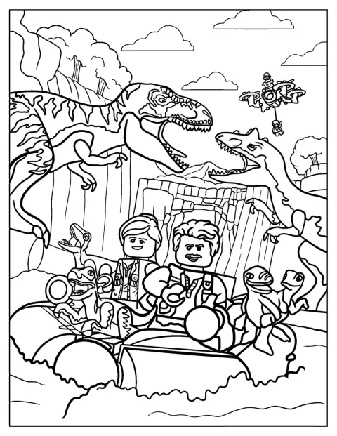 Legofiguren en dinosaurussen beelden een scène uit Jurassic Park uit.