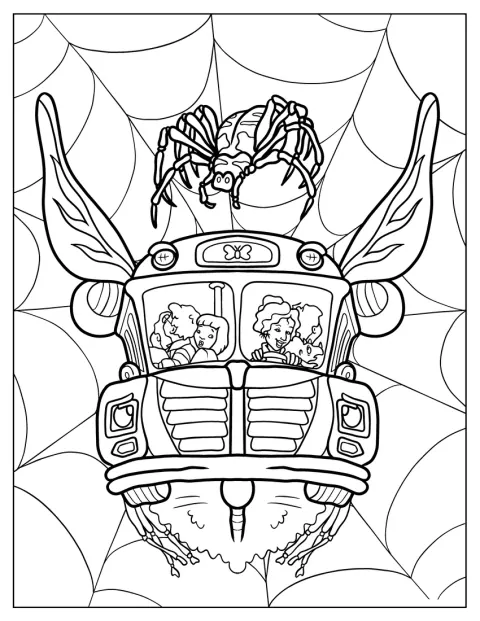 Magic School Bus sidder fast i et stort edderkoppespind.