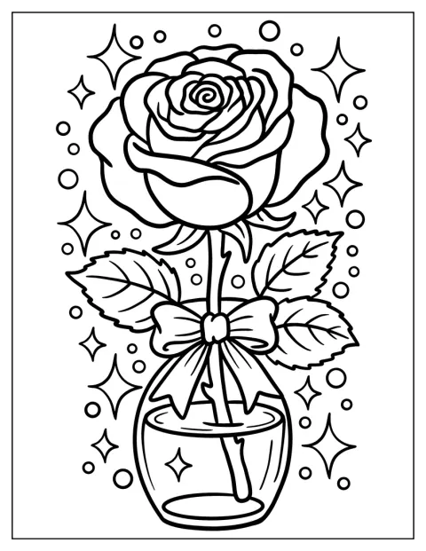 Una rosa brillante con un bonito lazo está dentro de un jarrón.