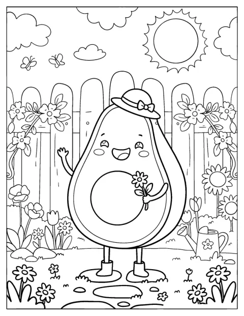 En avocado holder en blomst midt i en have.