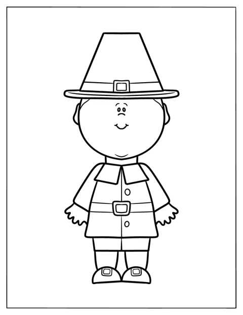 ピルグリムの少年が、明るい表情で立っています。