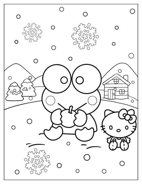 Keroppi und Hello Kitty teilen sich einen Apfel.
