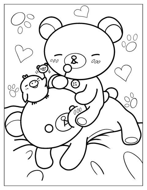 In cima a Rilakkuma, Korilakkuma e Kiiroitori condividono un lecca-lecca.