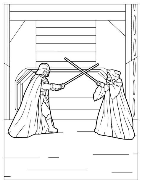 Darth Vader și Obi-Wan Kenobi se înfruntă la bordul unei nave spațiale.