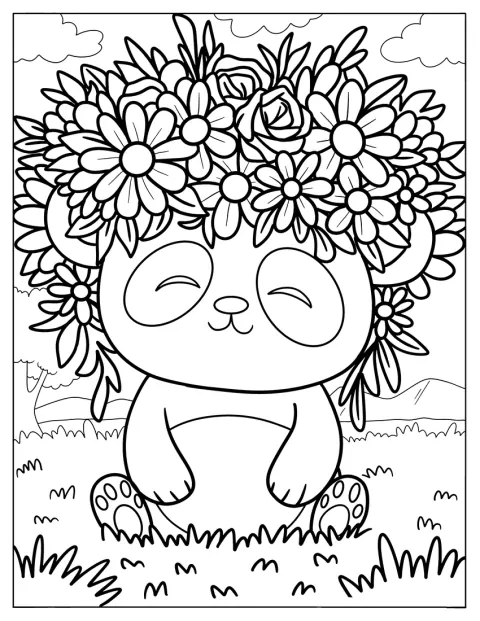 Un panda seduto indossa una grande corona di fiori in un prato.