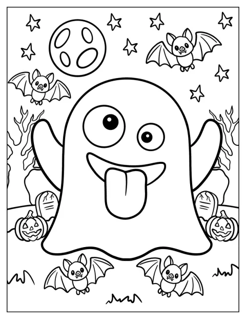 おどけたおばけの絵文字が、ハロウィーンの墓地にいます。