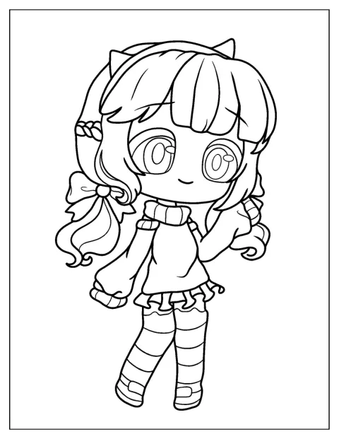 Une fille Gacha Life souriante salue de la main, debout face au spectateur.