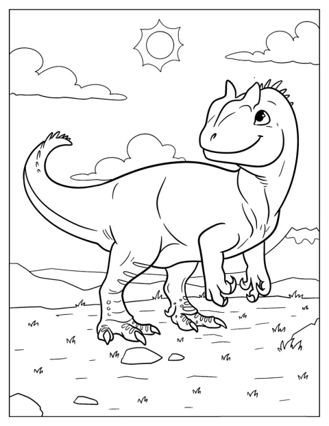 Un bébé Allosaurus sourit dans un décor dégagé.
