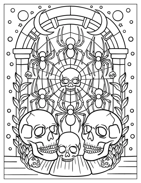 Una calavera y una telaraña decorada con arañas colgantes forman un diseño siniestro.