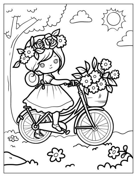 女の子が花に囲まれながら、自転車に乗っています。