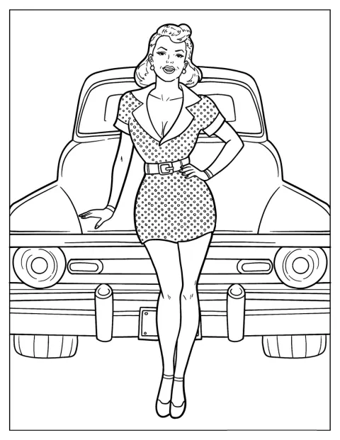 En pinupkvinde poserer foran en klassisk hot rod.