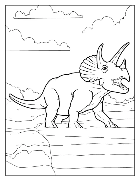 Een volwassen Triceratops waadt het water in.
