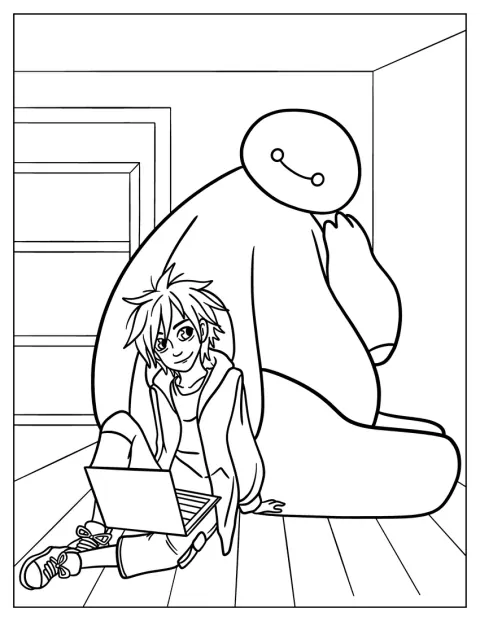 Hiro staat naast Baymax in deze eenvoudige afbeelding.