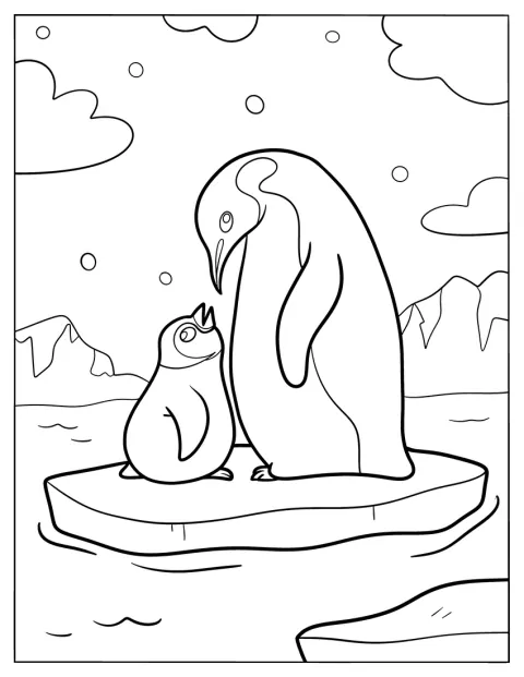 Egy császárpingvin a fiókájával áll egy jégtáblán.