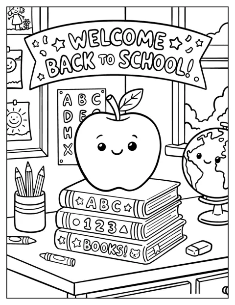 Ein Apfel, Bücher, Stifte und ein Globus heißen zum Schulanfang willkommen.