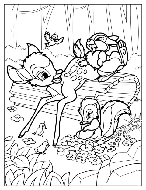 Bambi står blandt blomsterne sammen med Flower og Violet.