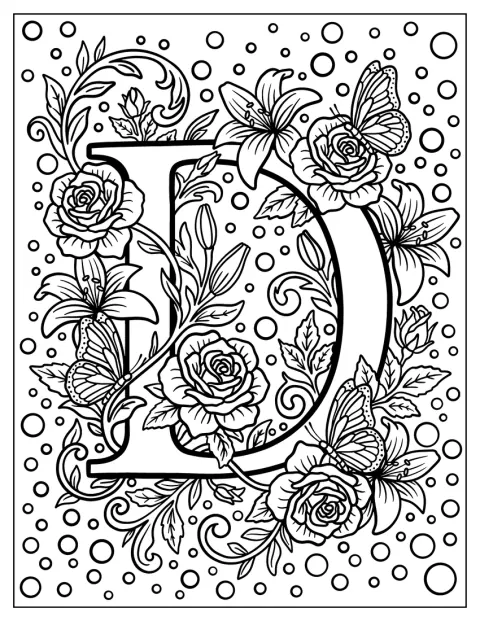 Blumen und Schmetterlinge schmücken ein elegantes D in Serifenform.