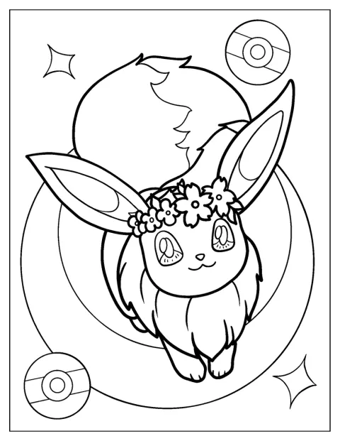Eevee pózuje vedle několika Poké Ballů.