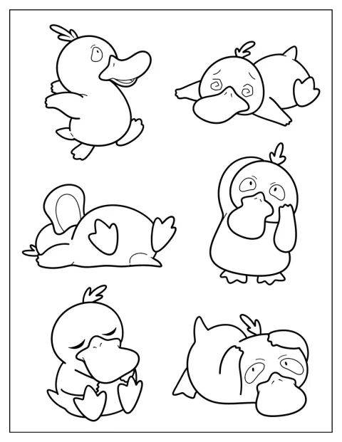 Psyduck visar flera olika ansiktsuttryck och humör.