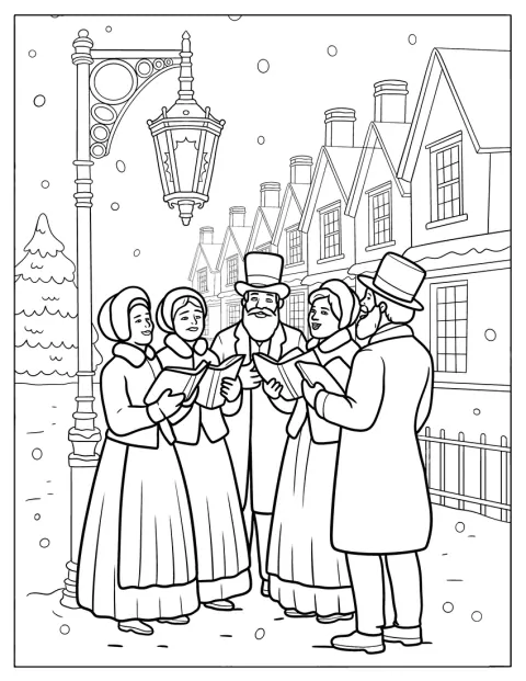 Ein viktorianischer Chor singt Weihnachtslieder unter einer Straßenlaterne.