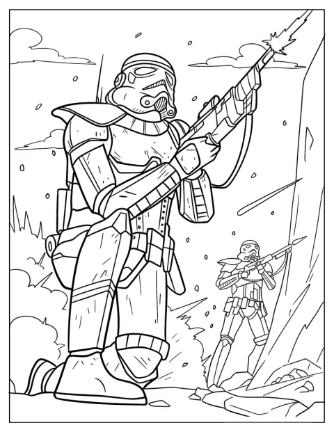 Mehrere Sandtrooper schießen auf einem umkämpften Schlachtfeld mit ihren Blastern.