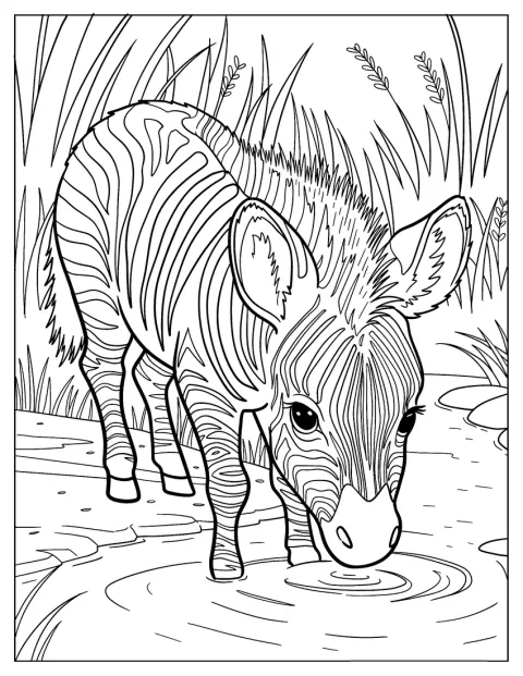 Realistic Young Zebra Coloring Page Drinking from a River