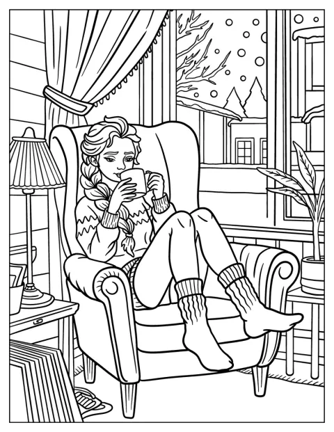 Elsa toma una bebida caliente junto a la ventana en un día de invierno.