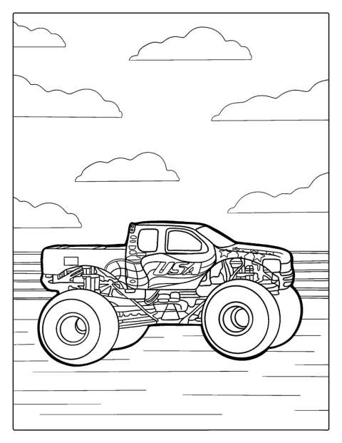 Um monster truck com tema dos Estados Unidos é visto de lado.