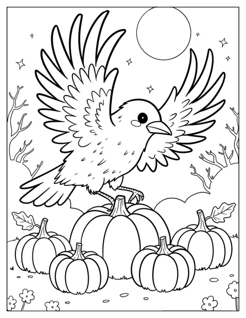Un jeune corbeau vole au-dessus de citrouilles d’automne.