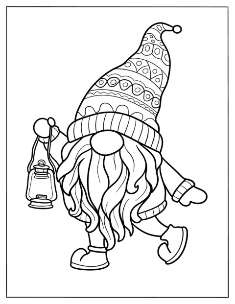 En liten tomte håller upp en lykta.