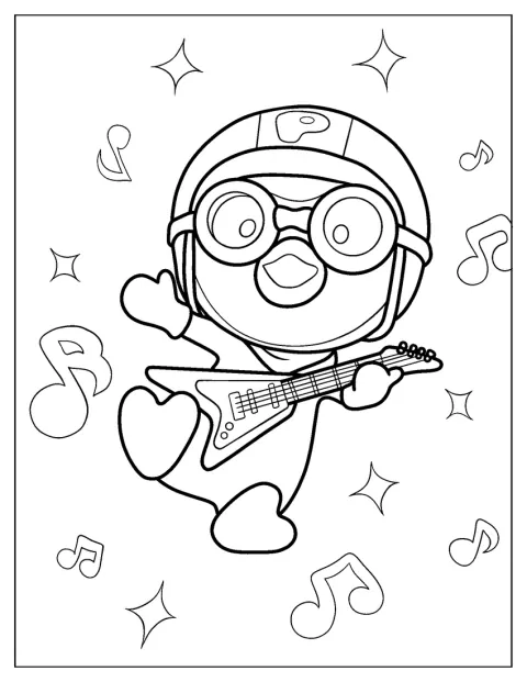 Pororo sidder med en guitar og spiller på den.