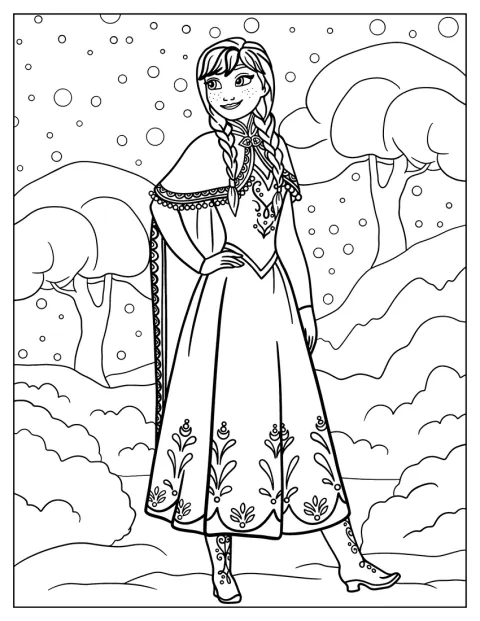 Anna est représentée dans un décor hivernal détaillé.