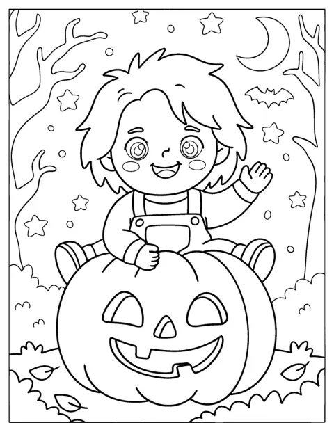 Chucky sitter på en halloweenpumpa.