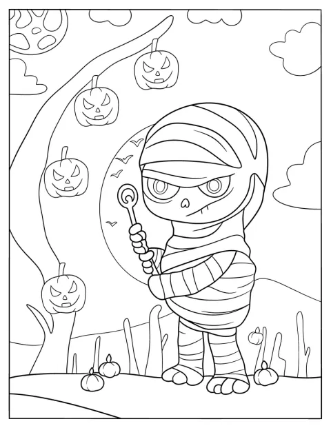 Une adorable momie égyptienne se tient parmi des citrouilles-lanternes.