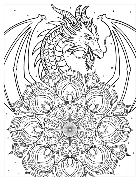 Um dragão surge atrás de uma mandala decorada com flores.