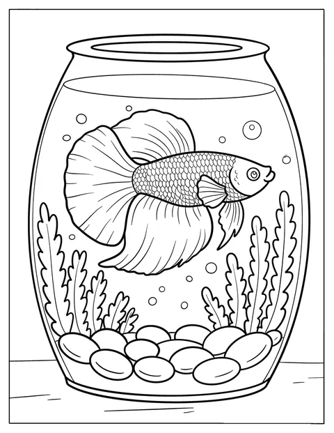 En vacker kampfisk simmar runt i en fiskskål.