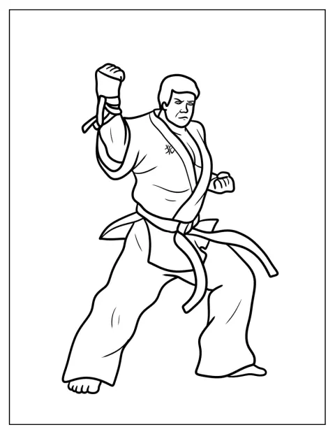 Jednoduchý obrys zachycuje bojovníka v postoji karate.