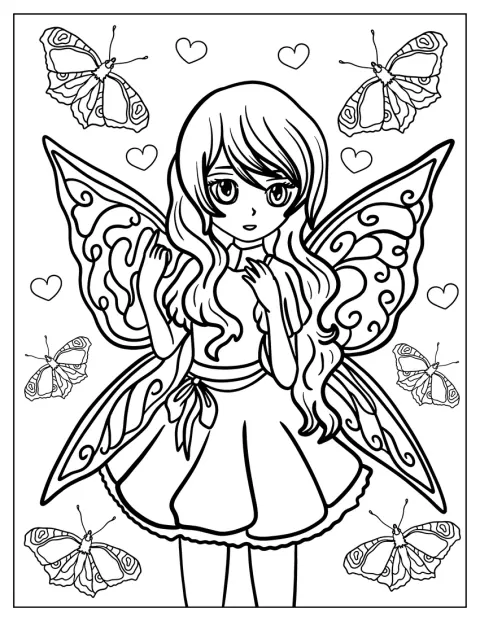 Un hada de estilo anime aparece con mariposas revoloteando a su alrededor.