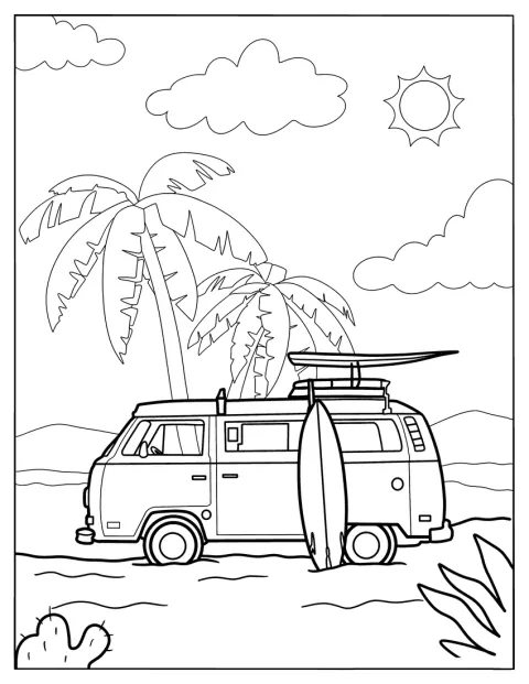 Ein Volkswagen-Bus steht im Sommer neben einer Palme.