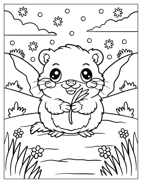 Ein Lemming hält Gras auf felsigem Boden, umgeben von Blumen und Bergen.