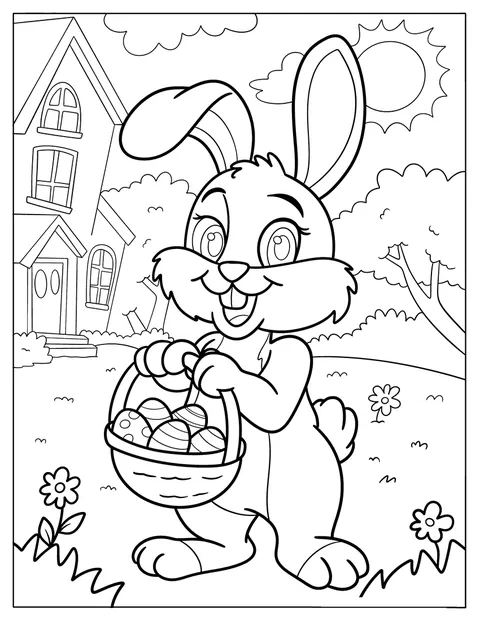 Ein lächelnder Hase hält einen Korb voller Ostereier.