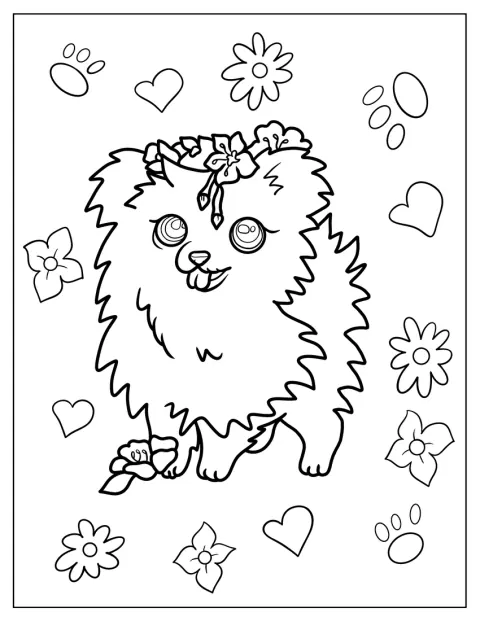 Une couronne de fleurs orne la tête d’un chiot.