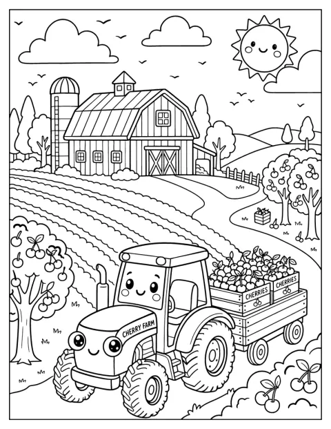 En traktor kör bland färska körsbär på en gård.