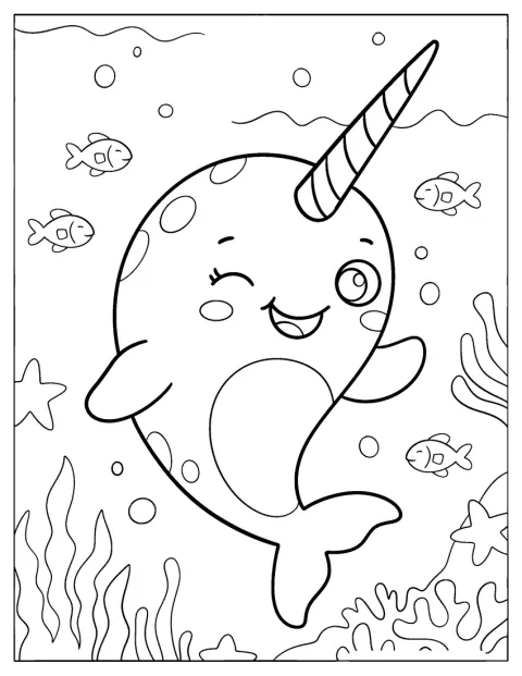 Een kawaii-narwal knipoogt terwijl hij onder water zwemt.