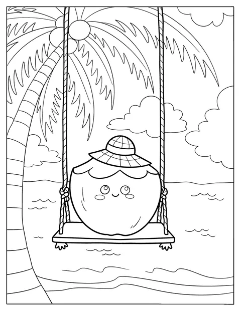Coconut with Straw Hat on a Swing at the Beach Coloring Sheet